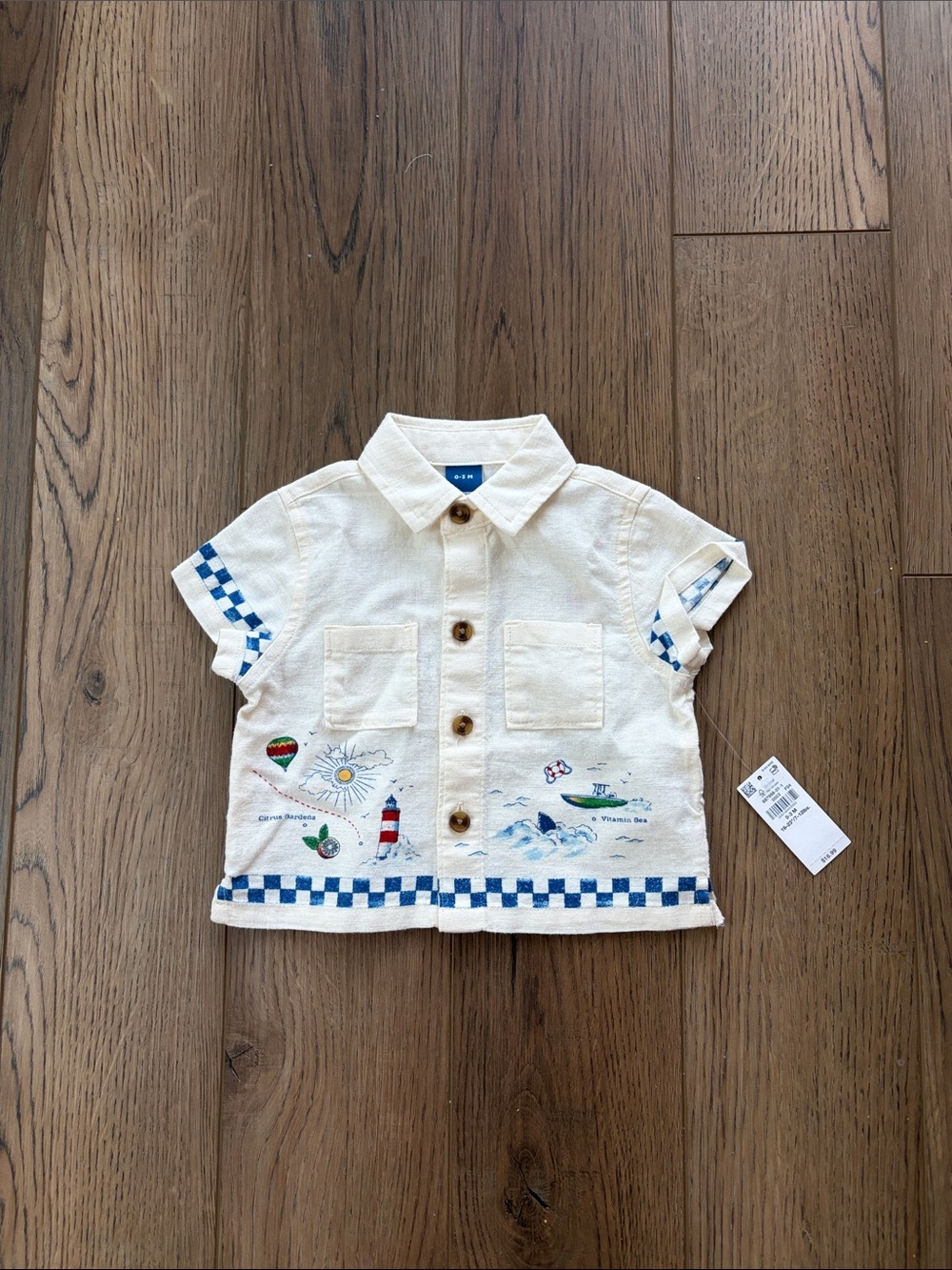 Old Navy | Button Down Shirt with Blue Check & Seaside imagery